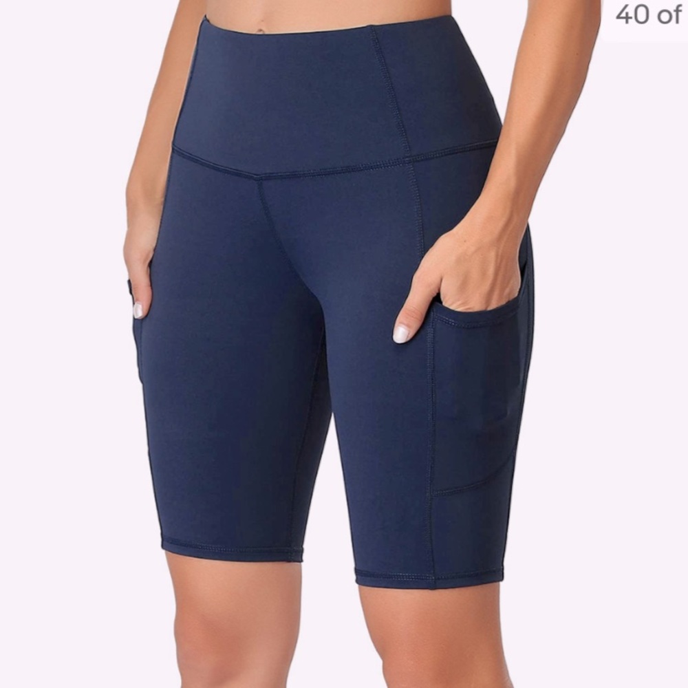 Oalka Yoga Workout Navy Blue Shorts with High Waist Fit and Side Pockets